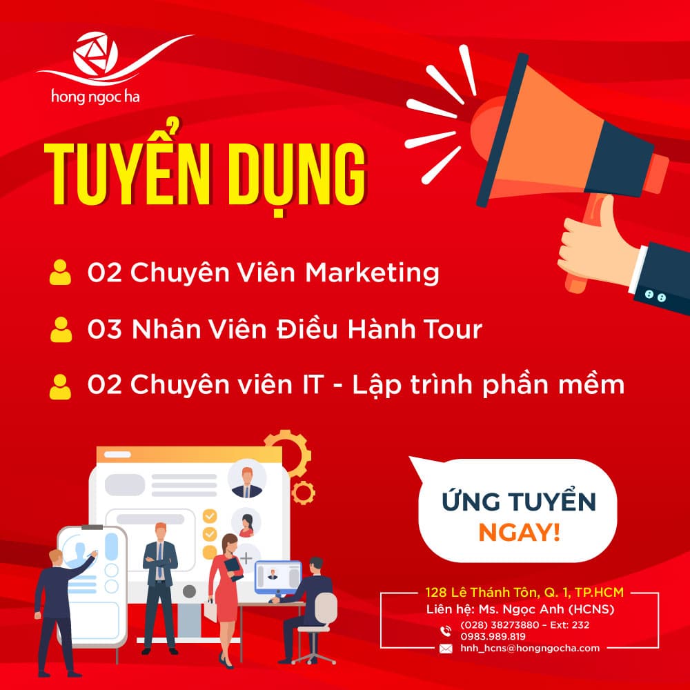 Hồng Ngọc Hà Travel là một trong những đại lý du lịch hàng đầu tại Việt Nam và đang có nhiều cơ hội việc làm hấp dẫn. Hãy xem hình ảnh để tìm hiểu thêm về công ty và các vị trí tuyển dụng đang có sẵn.