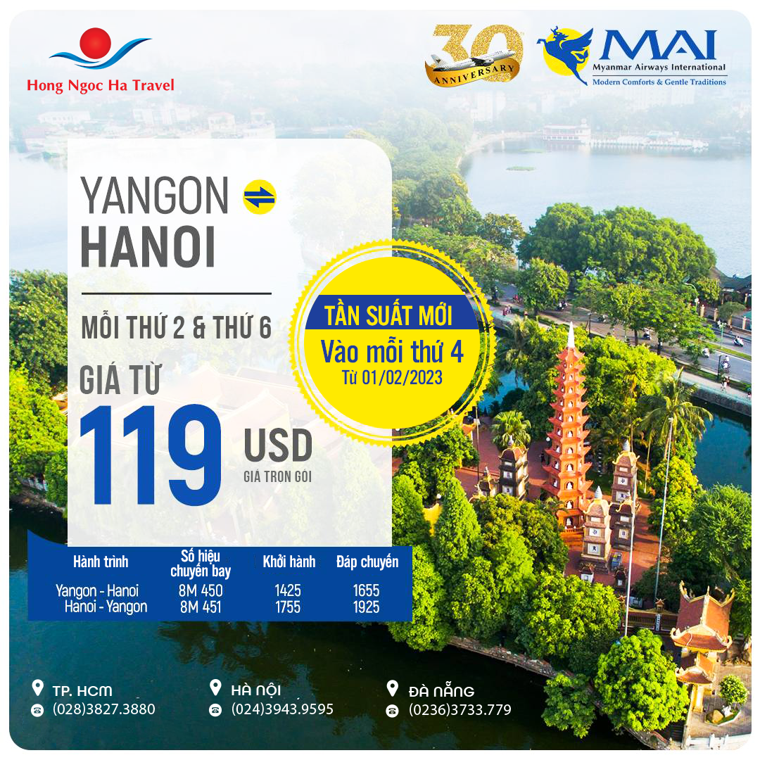 MYANMAR AIRWAYS INTERNATIONAL THÔNG BÁO TĂNG TẦN SUẤT CHUYẾN HANOI – YANGON