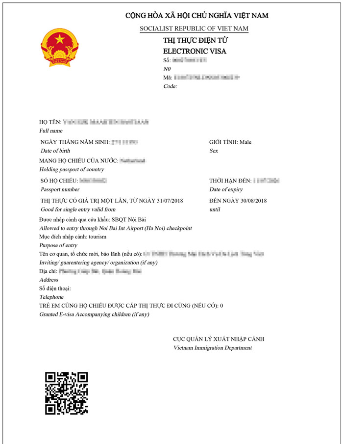 Mẫu visa điện tử Việt Nam
