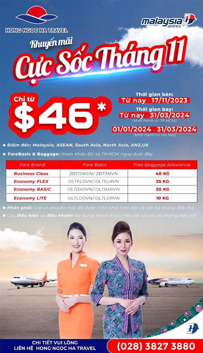 Chương trình khuyến mãi của Malaysia Airlines tháng 11/2023