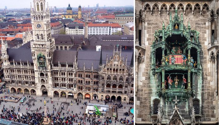 Quảng trường trung tâm Marienplatz (trái) & Tháp đồng hồ Rathaus-Glockenspiel (phải)