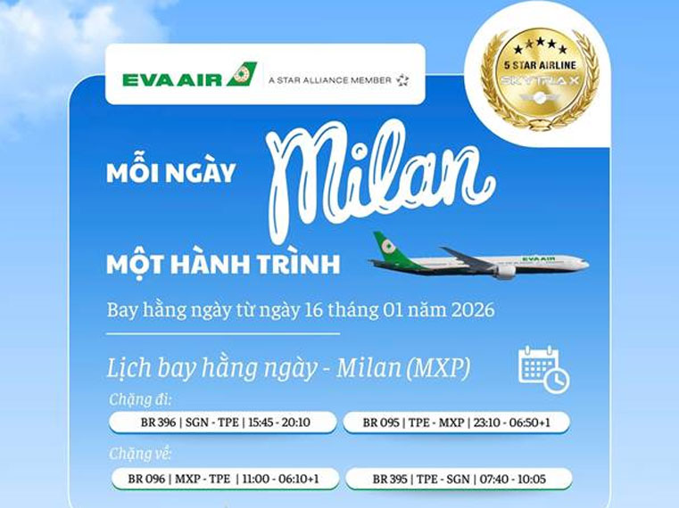 EVA Air mở rộng đường bay Milan – Bay mỗi ngày từ 16/01/2026