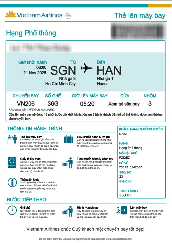 Thẻ lên máy bay của Vietnam Airlines