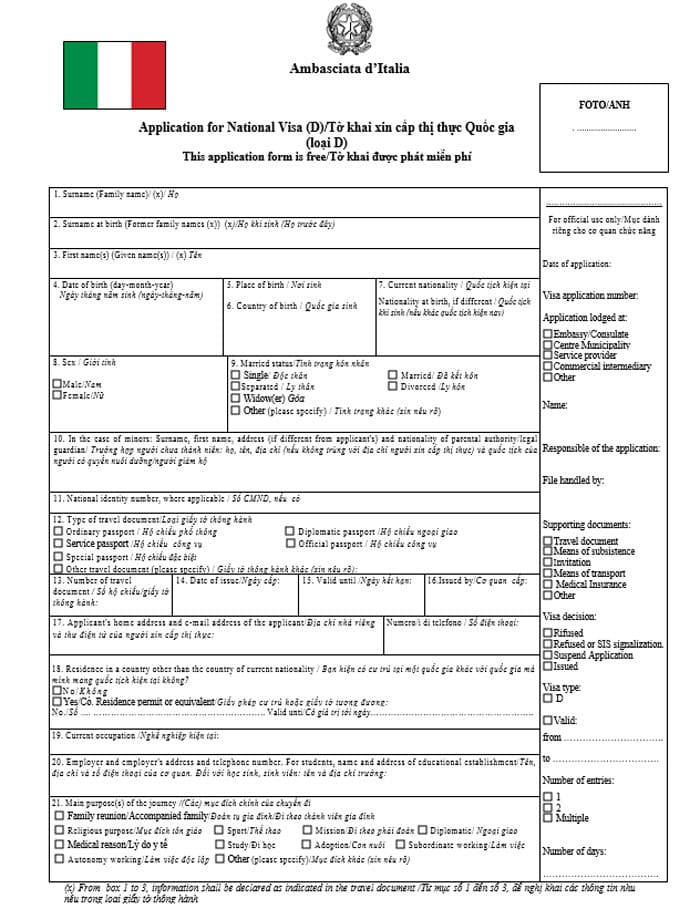 Tờ khai Schengen dành cho Italy
