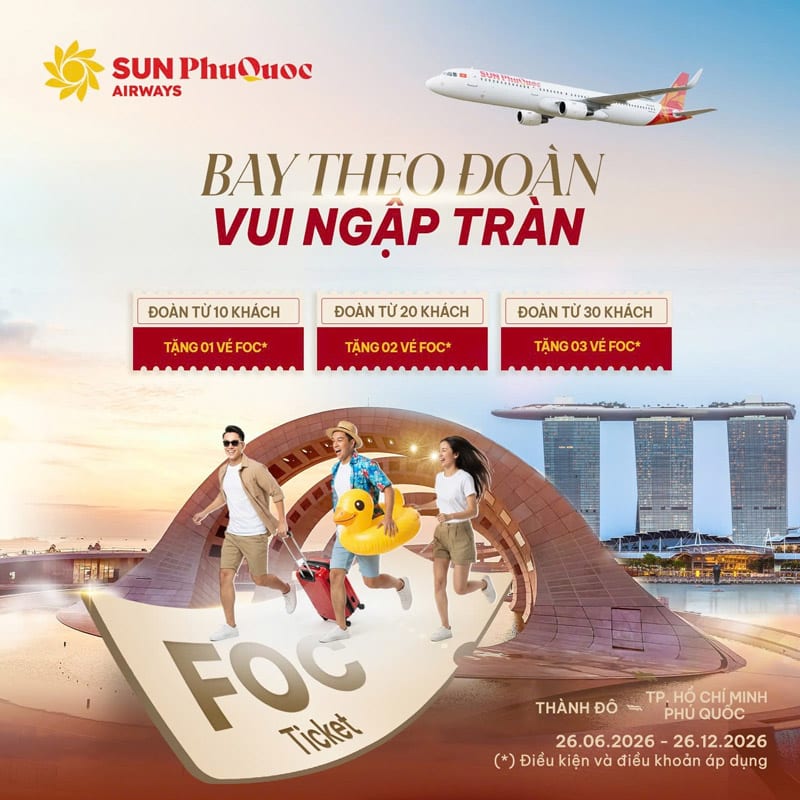 Bay Theo Đoàn Tặng Đến 03 Vé Máy Bay Miễn Phí Cùng Sun PhuQuoc Airways