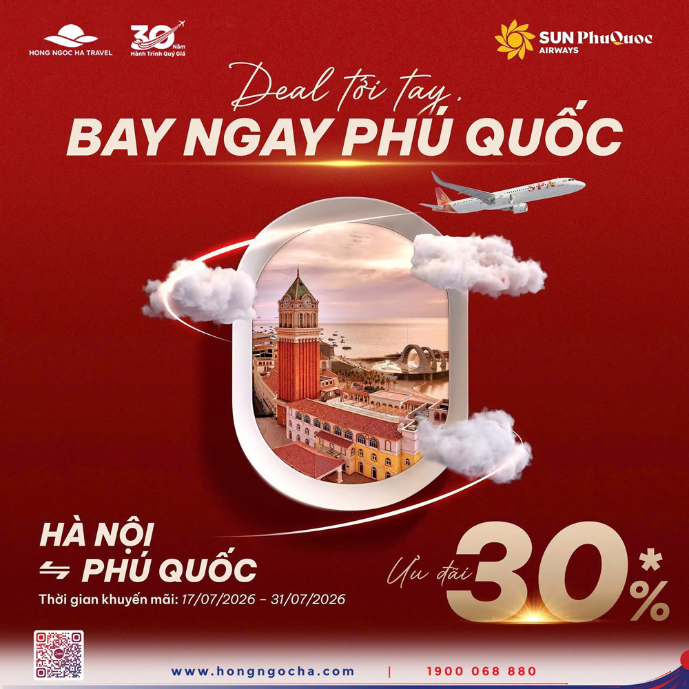 Ưu đãi hấp dẫn với giảm ngay 30% giá vé cho hành trình Hà Nội (HAN) ⇄ Phú Quốc (PQC).